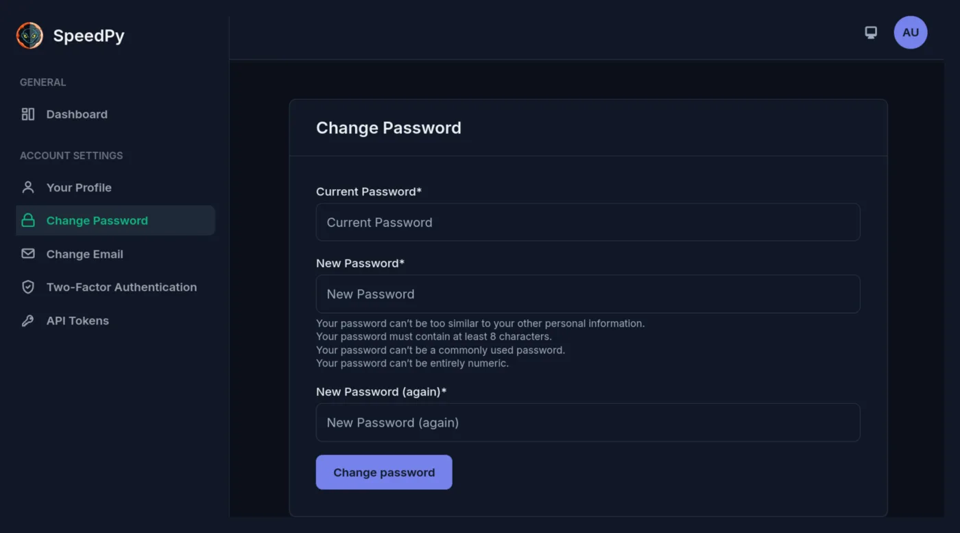 SpeedPy account settings with sidebar navigation and change-password form