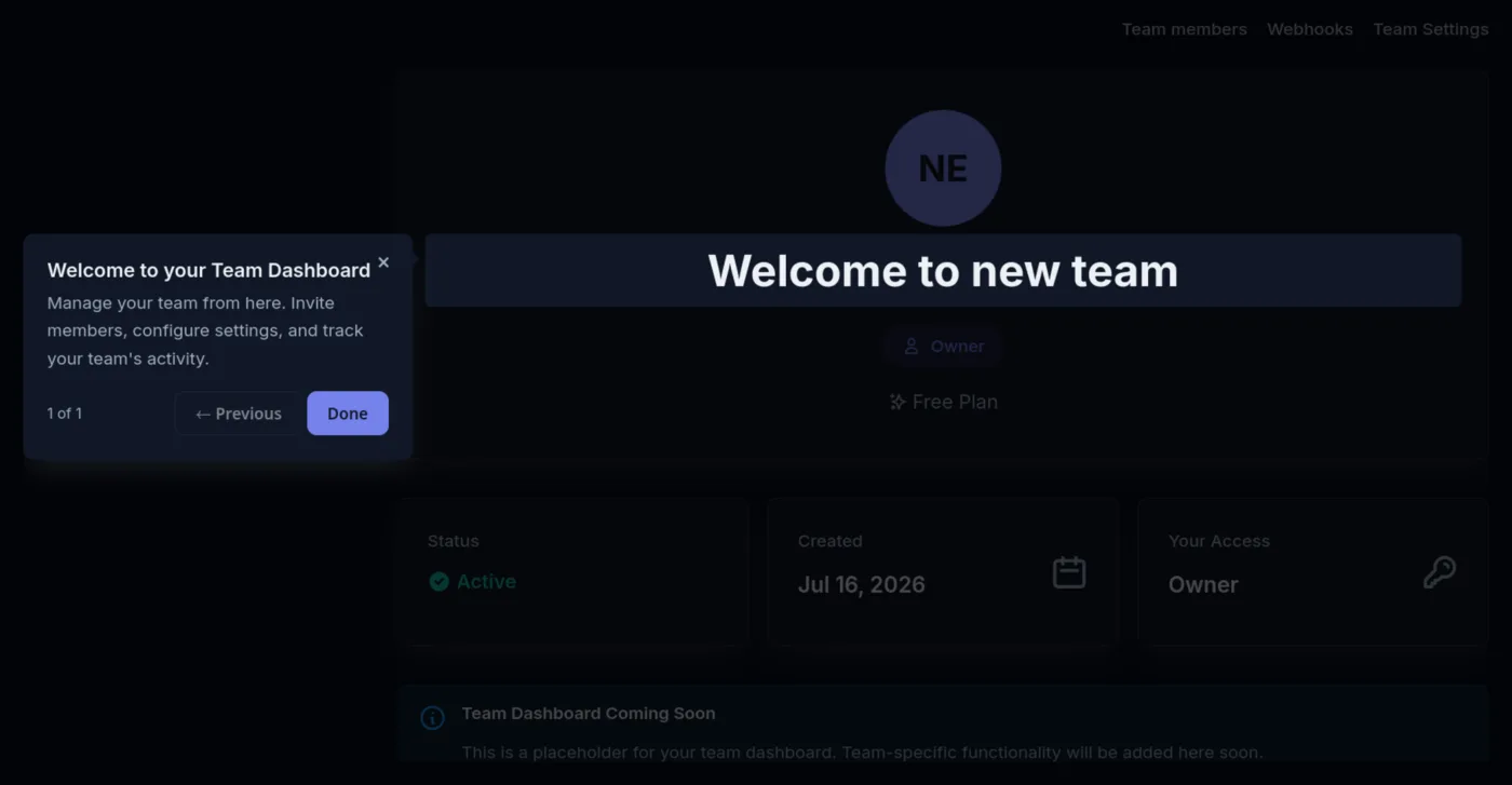 SpeedPy team dashboard with a guided onboarding tooltip
