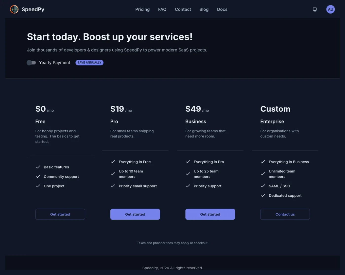 SpeedPy pricing page with tiered subscription plans