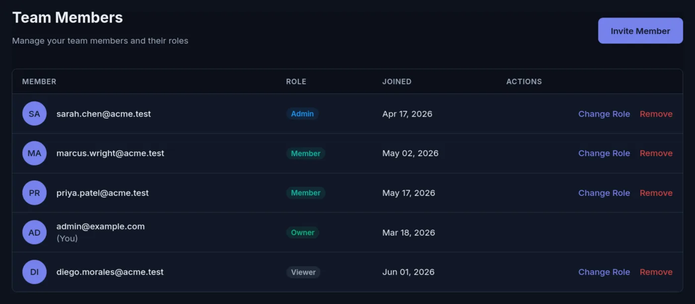 SpeedPy team members list showing roles and invitations
